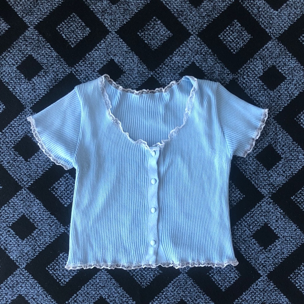 Kids Light Blue Ribbed Button-Front Top with Lace Trim